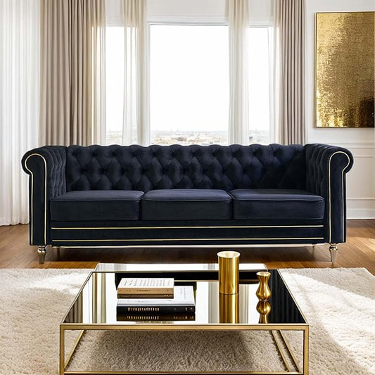 84 Velvet Sofa with Gold Legs Luxury Tufted Couch for Living Room Chesterfield Sofa with Thick Cushion Wide Armrest High-Density Foam Gold Strip Trim (Black)
