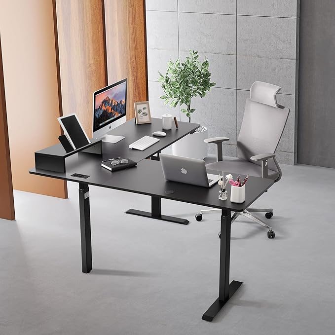 UNICOO L-Shaped Triple Motor Electric Height Adjustable Standing Desk - Gaming &amp Home Office Corner Desk with Easy Touch Control &amp Solid Steel Construction (Black Top/Black Frame - XOT-L3E-BB