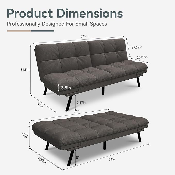 Opoiar Convertible Futon Sofa Bed Grey Linen Futon Couch with Adjustable Backrest &amp Armrests Folding Small Recliner Sleeper Sofa Bed for Living Room Apartment Office