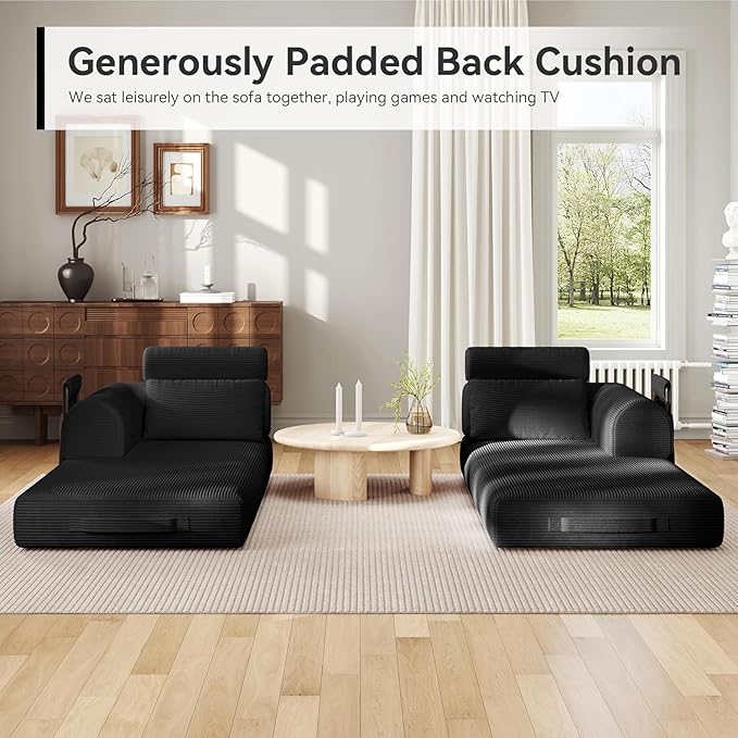 79'' Upgrade High Backrest Sofa Bed with Fixed Frame Removable Armrests &amp Backrest Corduroy Fabric Convertible Couch for Small Spaces No Assembly Needed (High Backrest Black)
