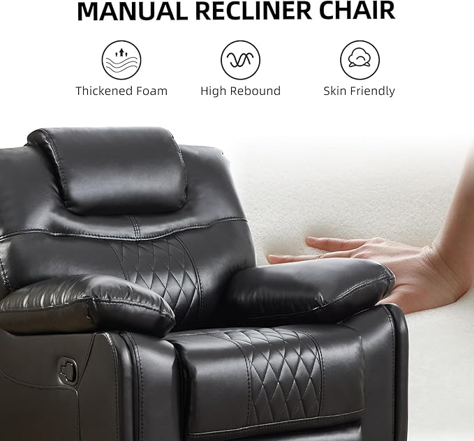 EBELLO Faux Leather Manual Recliner Chair Overstuffed Reclining Sofa with Comfortable Armrest and Backrest Single Couch for Living Room Black