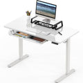 SHW 48x24 Glass Electric Height Adjustable Standing Desk – Motorized Sit Stand Desk with Monitor Riser Pull-Out Drawer Memory Presets White