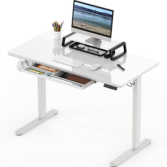 SHW 48x24 Glass Electric Height Adjustable Standing Desk – Motorized Sit Stand Desk with Monitor Riser Pull-Out Drawer Memory Presets White