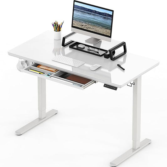 SHW 48x24 Glass Electric Height Adjustable Standing Desk – Motorized Sit Stand Desk with Monitor Riser Pull-Out Drawer Memory Presets White