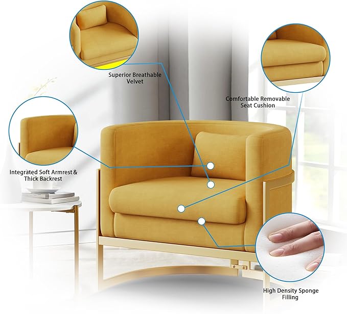 Alunaune Upholstered Velvet Living Room Chair Barrel Accent Chair Modern Armchair Mid Century Lounge Chair Sofa Tub Bucket Club Side Chair for Bedroom-Yellow