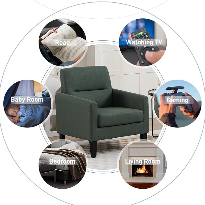 Accent Chair Mid Century Modern Living Room Chairs Comfy Reading Chair with Upholstered Cushion Relax Armchair for Bedroom ApartmentOffice Green