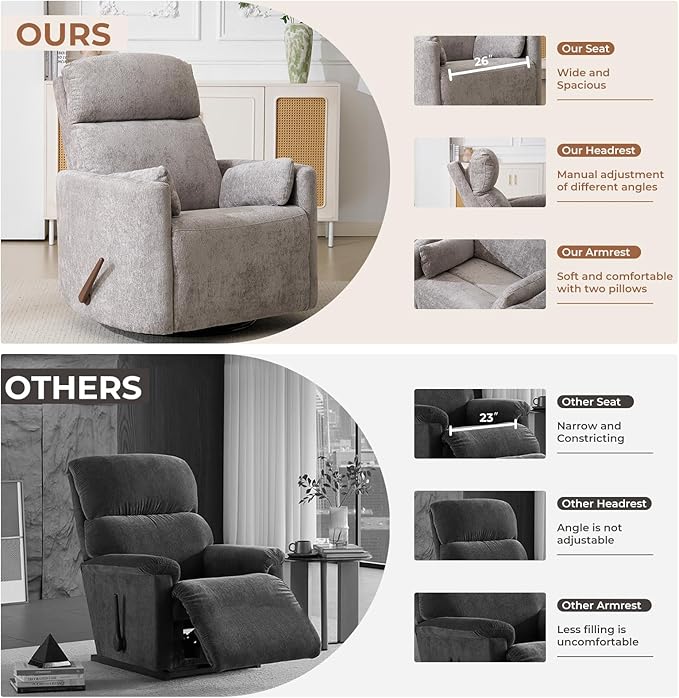 Oversized Swivel Rocker Recliner with Massage and Heat Rocker Nursery Recliner for Adults with Adjustable Headrest 26 Extra Wide Nursery Chair with 2 Pillows Light Grey