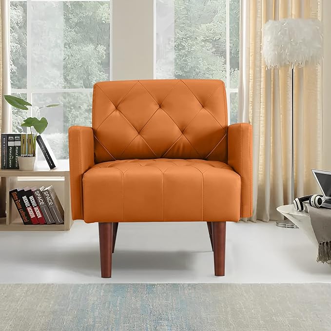Leather Accent Chair Mid Century Modern PU Leather High Back Armchair for Living Room Chairs with Solid Wood Legs for Small Spaces Bedroom Office (Orange 29.1 x 25.6 x 31.1)