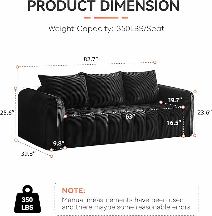 83'' Boneless Corduroy Sofa Oversized 3 Seater Deep Seat Couch with Rounded Armrest Modern Upholstered Cloud Sofa for Living Room No Assembly Black