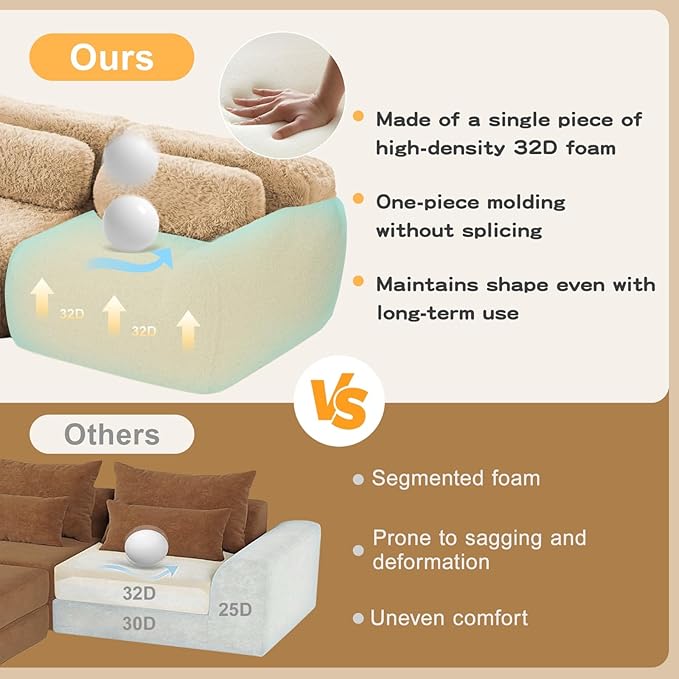 149 Modern Modular Boneless Sectional Couches for Living Room 4 Seater Deep Seat Compressed Sofa No Assembly Required Plush Fabric Fabric Cloud Comfy Sofa Set with 1 Ottoman L Shaped Camel