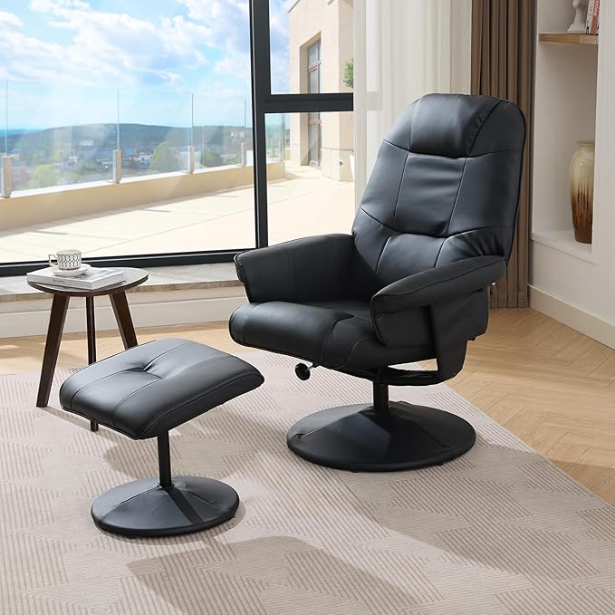 Ergonomic Recliner Chair with Ottoman for Adults 360° Swivel Massage Lounge Chair with 5-Point Vibration &amp Heated Seat140° Adjustable PU Leather Recliner for Living Room Office (Black+PU Leather