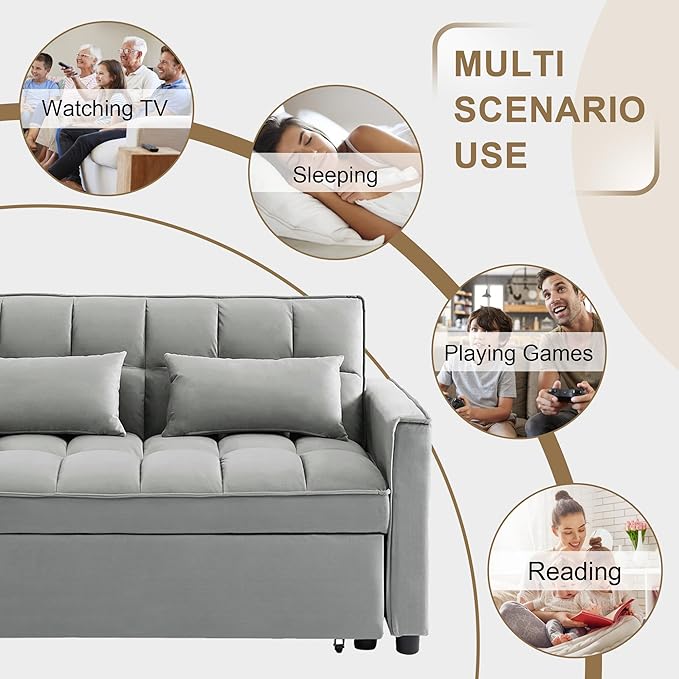 55'' 3-in-1 Sleeper Loveseat 2-Seater Pull Out Couch Velvet Futon Sofa Adjustable Backrest Reclining Sofa Bed with Pillows Pockets Perfect for Small Spaces Living Room Furniture Grey