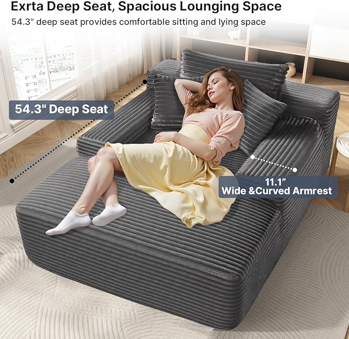 65'' Chaise Lounge Chair Indoor Grey Plush Corduroy Cloud Couch Fluffy Oversized Sofa Bed for Bedroom Living Room Comfy Boneless Reading Longue Chair Sleeper Sofa No Assembly