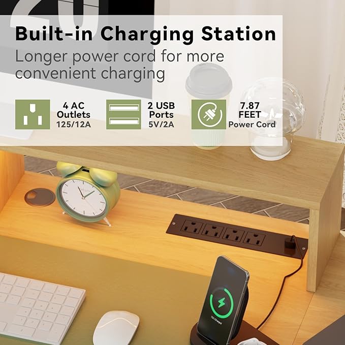 Fluted Desk with Drawers Filing Cabinet 63 Home Office Executive Desk with Lift Top Gaming Desk Charging Station Sensor Lights Wood Computer Table with Monitor Stand Natural Wood