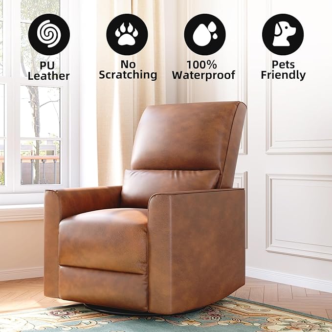 GAOMON Swivel Rocking Recliner Chair Manual Leather Recliner Glider with Lumbar Support &amp Padded Armrest Comfortable Rocker Nursery Single Sofa for Living Room and Bedroom (Brown)