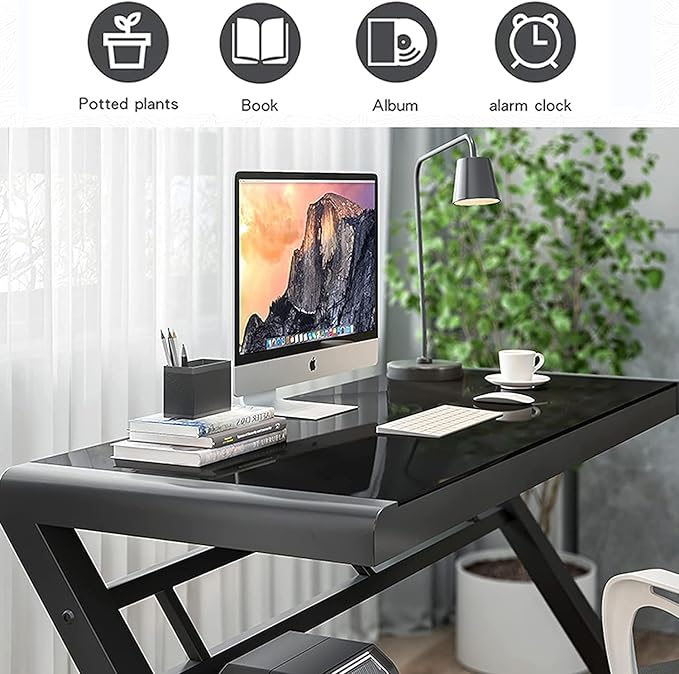 SAMERY Computer Desk Home Office Desks 55.1 Inch Modern Simple Office Black Glass Desk Computer Table Study Gaming Writing Desk Fashion Strength Tempered Glass Office Laptop Desk