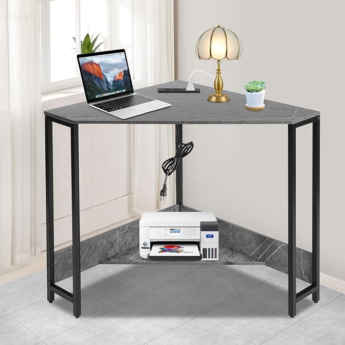 Corner Small Desk with Outlets Triangle Desk with Storage for Small Space Home Office Workstation Living Room Bedroom (Grey)