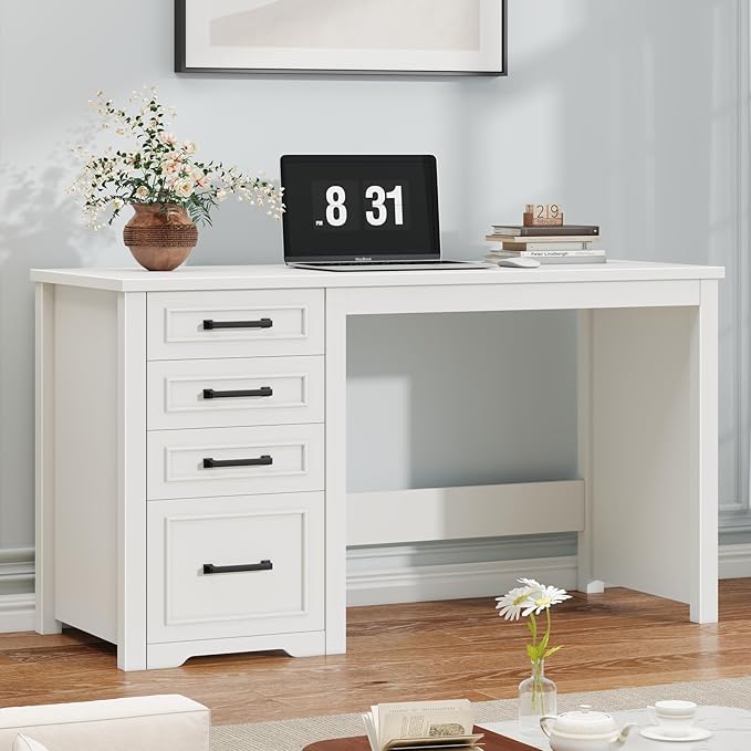 Vabches Farmhouse 49” Executive Desk with File Drawer 4 Drawers Reversible Computer Desk with Storage Rustic Home Writing Workstation for Home Office Cream White