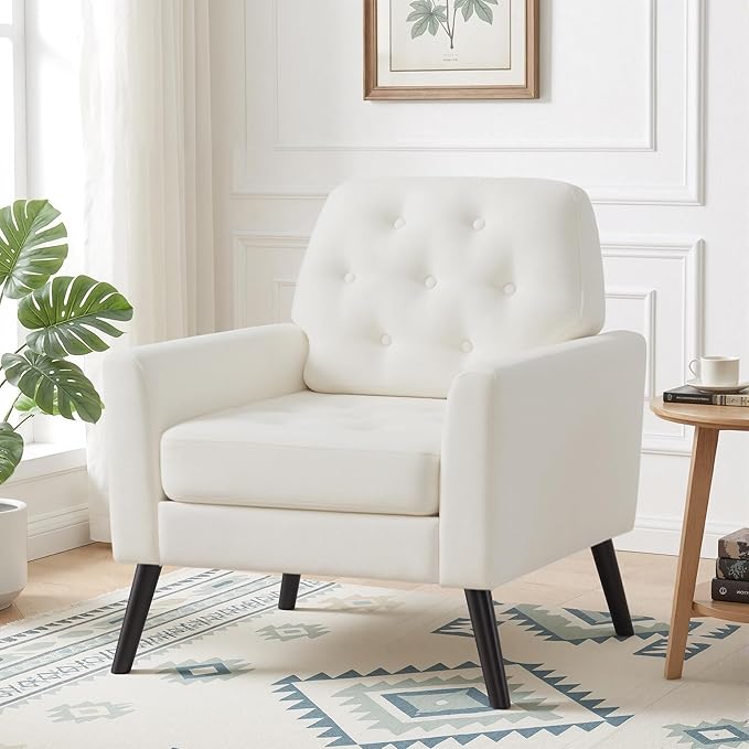 Accent Chair Set of 2 Mid Century Modern Living Room Chairs Upholstered Armchair with Tufted Back &amp Wood Legs Single Sofa Reading Side Chair for Bedroom Office Waiting Room White