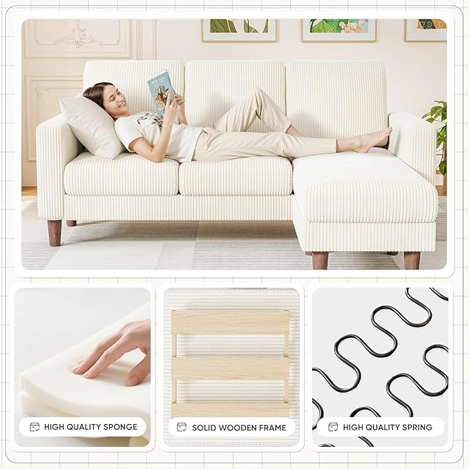 Homall Convertible Sectional Sofa 3 Seat L Shaped Couch with Side Storage Pocket Sofas with Movable Ottoman Corduroy Small Couches for Living Room &amp Apartment (Corduroy Beige)