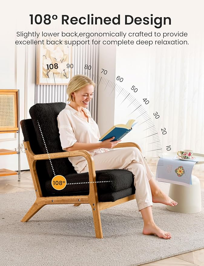 Mid Century Modern Accent Chairs for Living Room 23” Wide Comfy Chair for Bedroom Small Cozy Sherpa Reading Chairs for Adults 108° Lounge Arm Chair Indoor with Detachable Cover 5.5 Foam Cushion