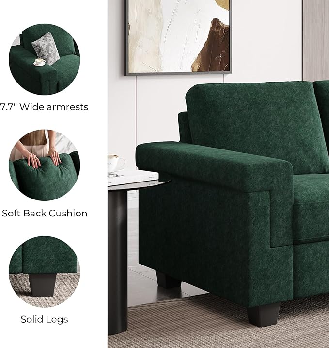 3 Seater Sofa Couch with Deep Seat 90 Modern Upholstered Sofa with Armrests Easy Installation Comfy Couches for Living Room Apartment Green