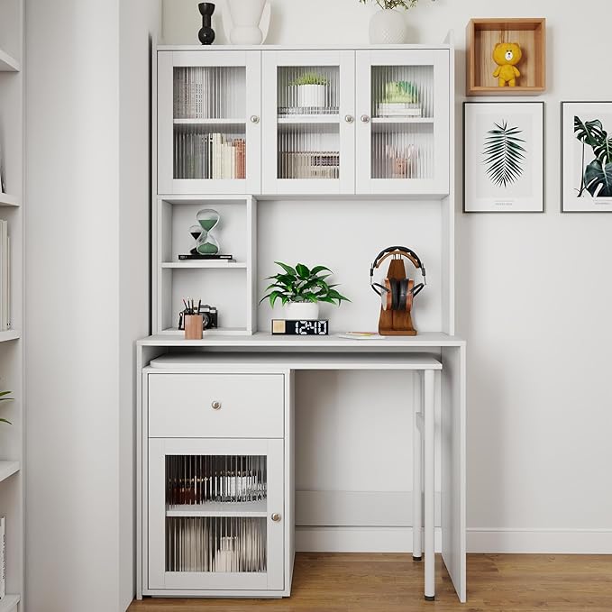 Folding Desk with Storage Space-Saving Foldable Computer Desk with Sliding Glass Doors &amp Pegboard Study Writing Table for Small Spaces Home Office Bedroom Dorm (White)
