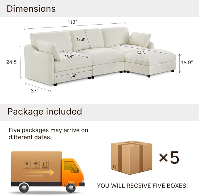 113 Cloud Sectional Couches for Living RoomL Shaped Oversized Modular Modern Linen Sofa with 1 Movable Ottoman4 Deep Seat with 2 Throw PillowsWarm White