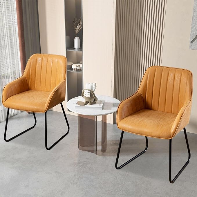 Vanity Art Mid Century Modern Accent Chair with Arms Upholstered Synthetic Faux Leather Chair for Living Room Bedroom Reading Area Comfy Dining Chairs Set of 2 (Yellow Tan) UC-15T