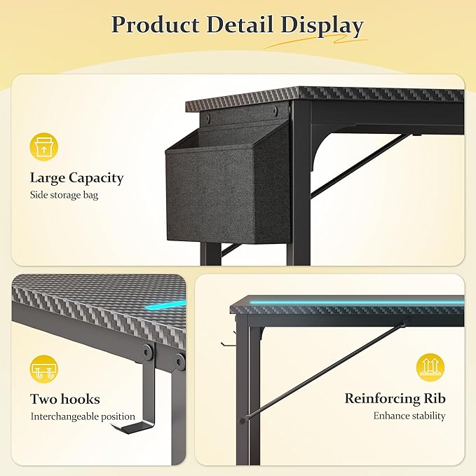 40 Inch Computer Desk with LED Lights for Small Spaces Office Desk for Home Office Study Desk Writing Table with Storage Bag Headphone Hook Black