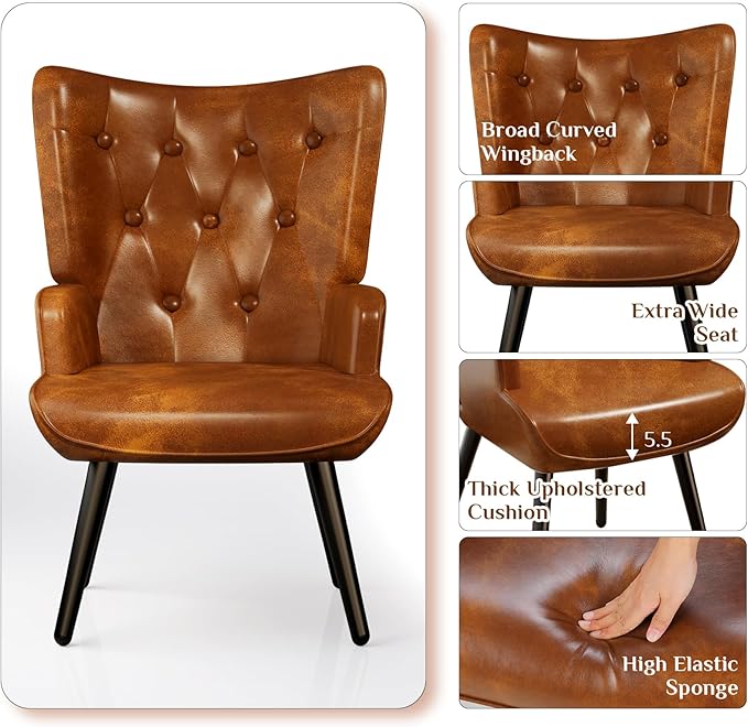 TLSUNNY Accent Chair Comfy Upholstered Armchair with Metal Legs High Backrest Living Room Chair Wingback Chair Mid Century Modern for Living Room/Vanity/Bedroom PU Brown (2 pcs)