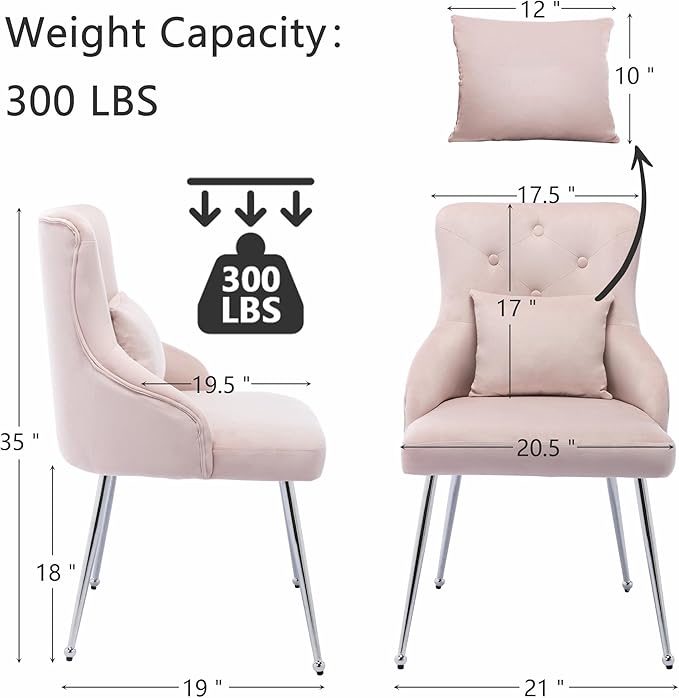 Velvet Vanity Dining Chairs Set of 4 Upholstered Makeup Accent Reading Chair Office Desk Vanity Stool Chairs with Metal Legs for Kitchen Bedroom Living Room Pink