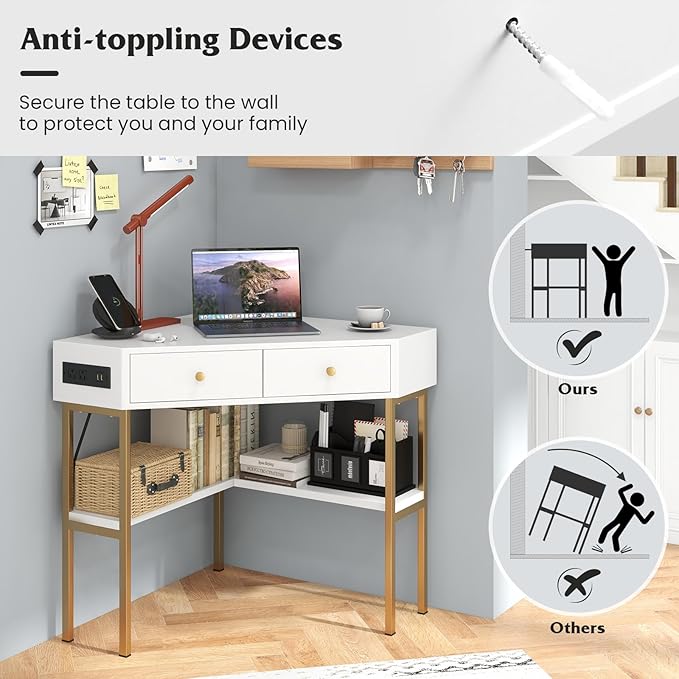Corner Desk with Charging Station 90° Triangle Desk w/ 2 Drawers Storage Shelves Corner Vanity Table for Bedroom Compact Computer Desk for Small Space