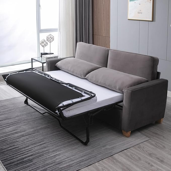 70 Full Size Pull Out Sofa Bed 2 in 1 Sleeper Sofa Couch Bed Velvet Modern Convertible Guest Loveseat Sofa Couch Beds Mattress Cushions Pillow Include for Home Apartment Office Dark Grey