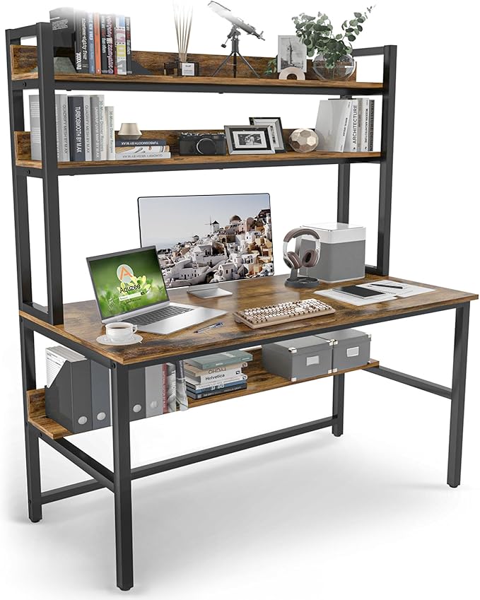 Aquzee Computer Desk with Hutch Bookshelves 55 Inch Home Office Writing Desk with Space Saving Design Gaming Table Organized Desk with Storage Shelves Bookshelf Easy Assemble Rustic Brown
