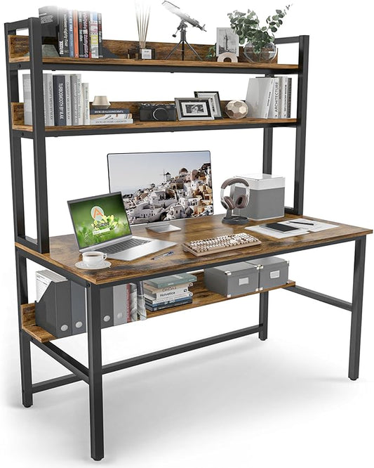 Aquzee Computer Desk with Hutch Bookshelves 55 Inch Home Office Writing Desk with Space Saving Design Gaming Table Organized Desk with Storage Shelves Bookshelf Easy Assemble Rustic Brown