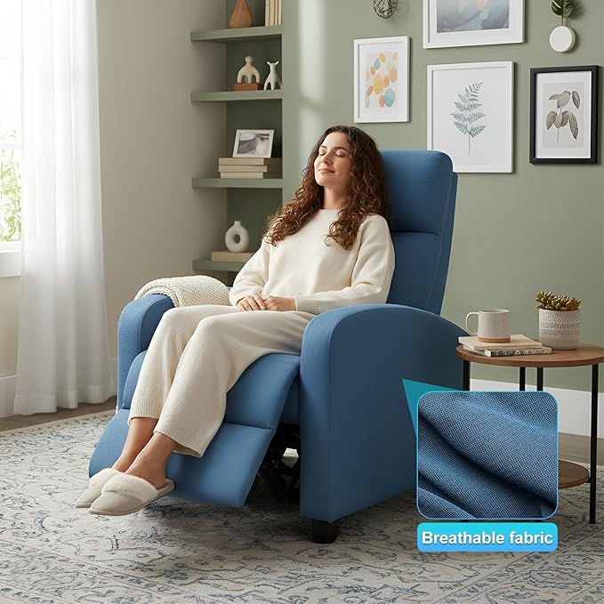 BestMassage | Recliner Chair | No Massage Function | Textile Blue | with Lumbar Support Adjustable Push Back Wide Armrests Footrest &amp Padded Seat | Easy Assembly | for Living Room Home Theatre