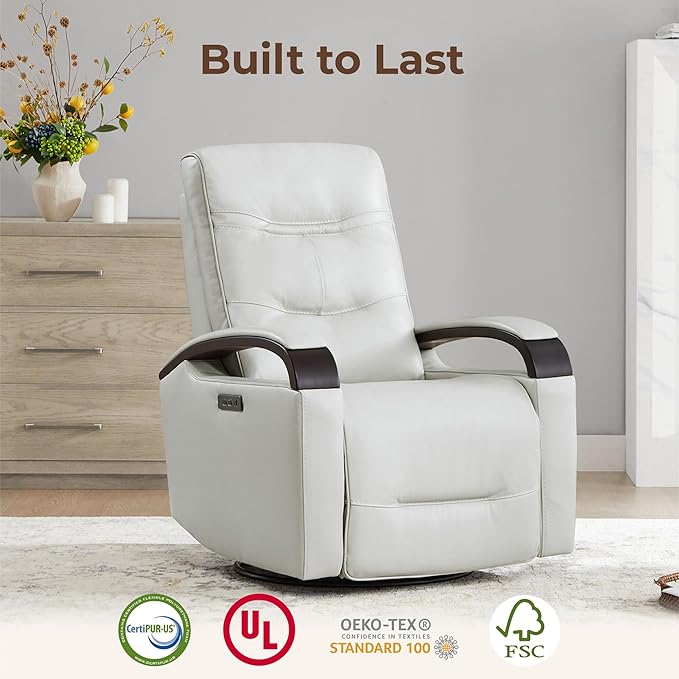 CHITA Genuine Leather Power Swivel Glider Rocker Recliner FSC Certified Mid Century Modern Recliner Chair for Adults Adjustable Power Headrest for Nursery and Living Room Creamy Grey