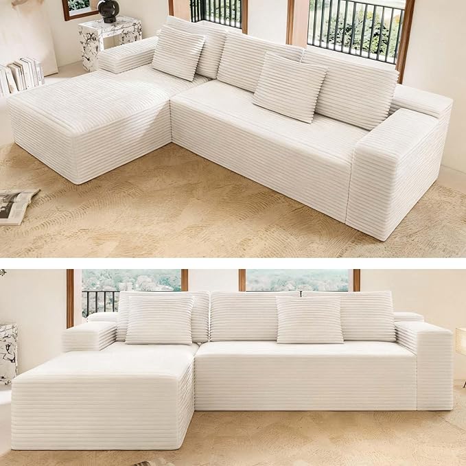 104 Boneless Couch with Chaise Sectional Couches for Living Room L Shaped Couch 4 Seat SofaCompression Sofa for Bedroom Comfy No Assembly Corduroy (White Left)