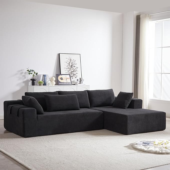KEIKI 108 L Shaped Chenille Modular Sectional Couches Sofa with 6 Pillows 4 Seater Oversized Upholstered Cloud Couch for Living Room Apartment Full Sponge Compression Black Left Chaise