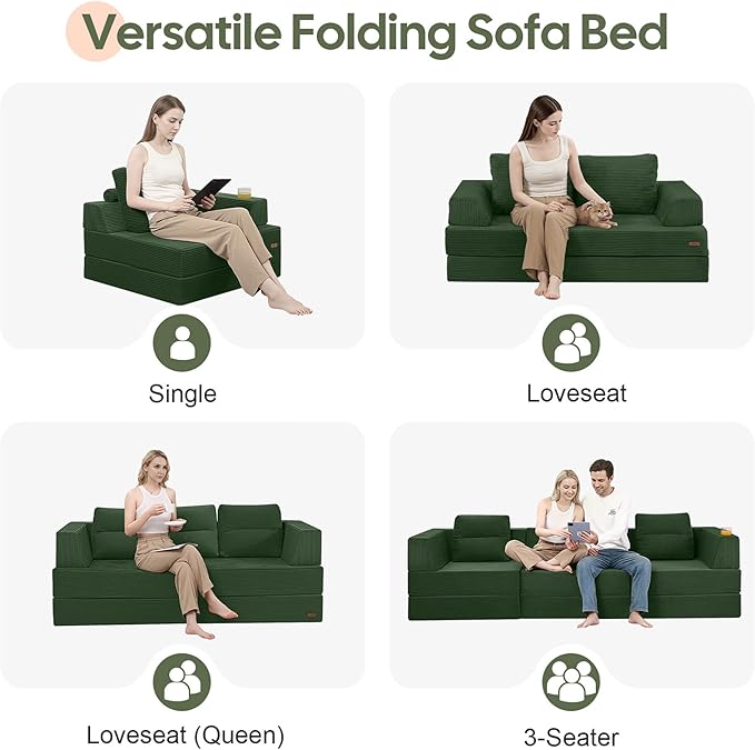 COMAX Folding Sofa Bed Foldable Couch for Bedroom Corduroy Convertible Floor Sleeper Futon Chair Foam 3 in 1 Fold Out Chair Portable Comfy Lounge Couch Single Sofa Bed for Small Space Guest Room