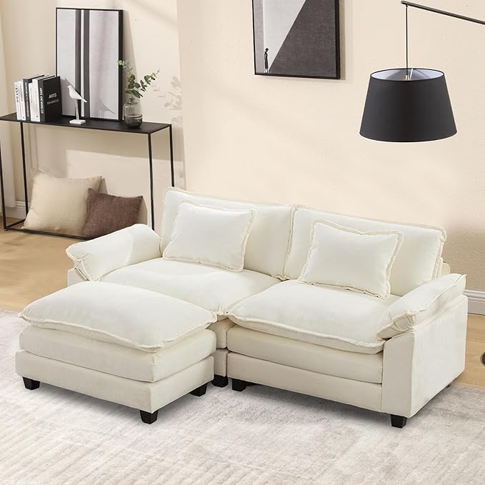 Modular Sectional Sofa 86 L Shaped Couch Set with Movable Ottoman Chenille Comfy Cloud Couch Sectional Set Extra Deep Seat Sofa with 2 Pillows for Living Room (White 2-Seat &amp 1-Ottoman)