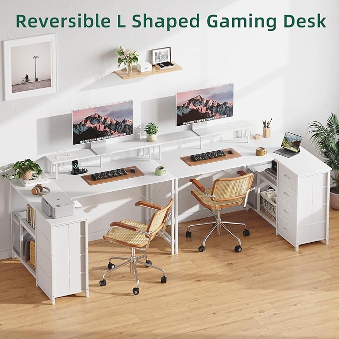 Somdot 53 L Shaped Desk with 4 DrawersReversible Home Office Desks with Power OutletsGaming Desk with USB Charging Port and Host StandCorner Desk with Storage Shelves for GamingWhite Leather