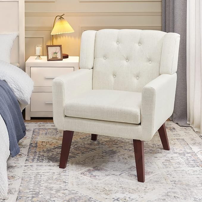 Living&ampGiving Accent Chair Button-Tufted Upholstered Living Room Chairs Comfy Reading Mid Century Modern with Linen Fabric Lounge Arm for Bedroom (Beige) 29.33D x 28.94W x 34.65H Inch
