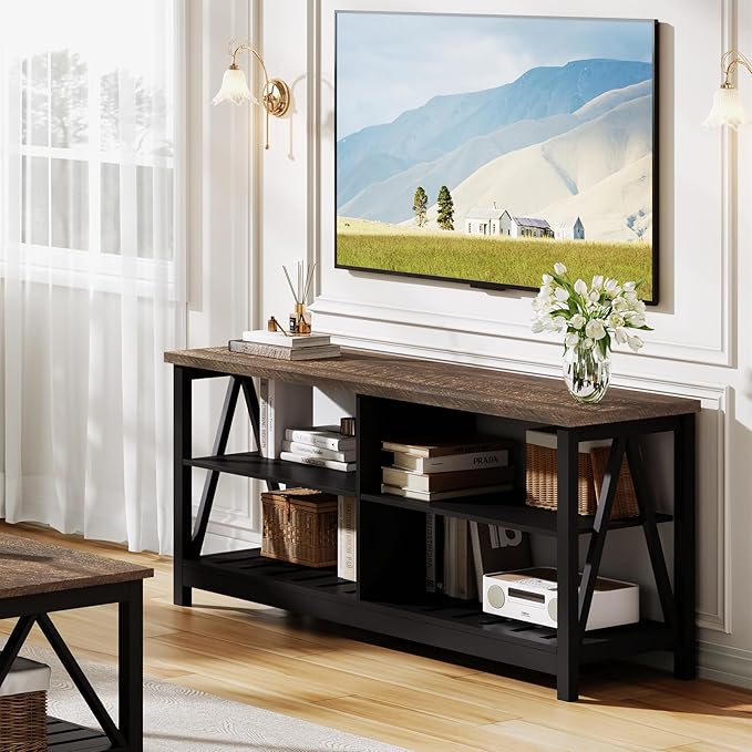 ChooChoo Farmhouse TV Stand for TVs up to 55 Inch Modern Entertainment Center with 4 Open Shelves &amp Built-in Cable Holes Media TV Console for Living Room Bedroom Black