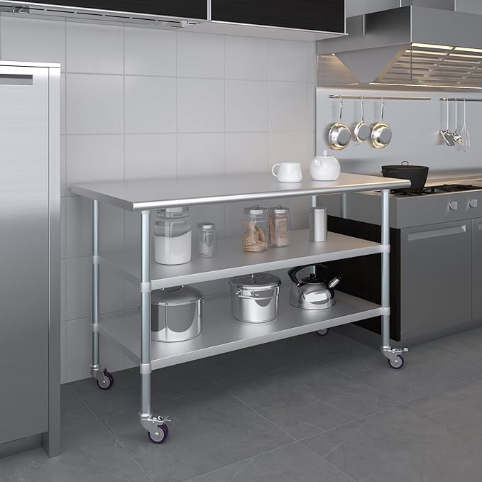 AmGood Stainless Steel Work Table with 2 Shelves and Casters | Metal Utility Table On Wheels (Stainless Steel Work Table with 2 Shelves + Casters 60 Long x 30 Deep)