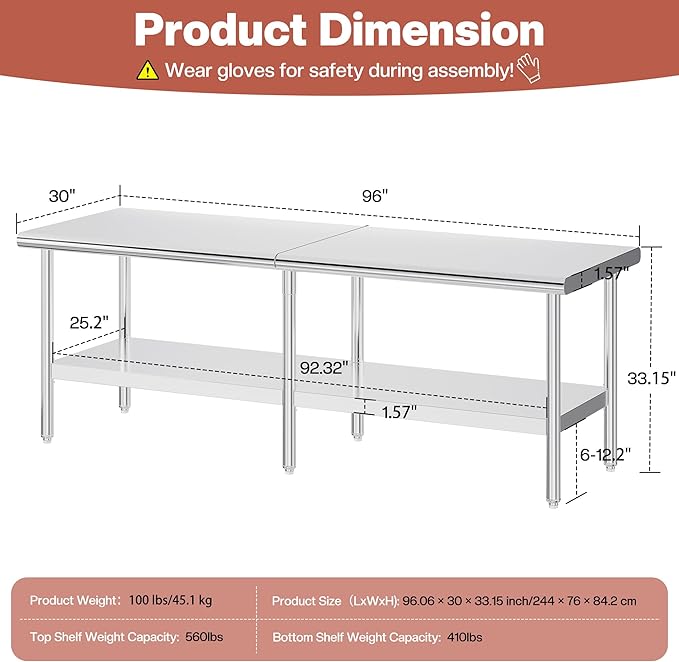 Jocisland 30 x 96 Stainless Steel Table for Prep &amp Work NSF Certified Adjustable Under Shelf and Feet for Commercial Kitchen Restaurant Hotel Garage