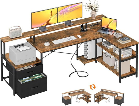 ODK 75 L Shaped Desk with File Drawers Work from Home Office Desk with Power Outlet Reversible Computer Desk with Storage Shelves Gaming Desk with Monitor Shelf Corner WFM Table Vintage