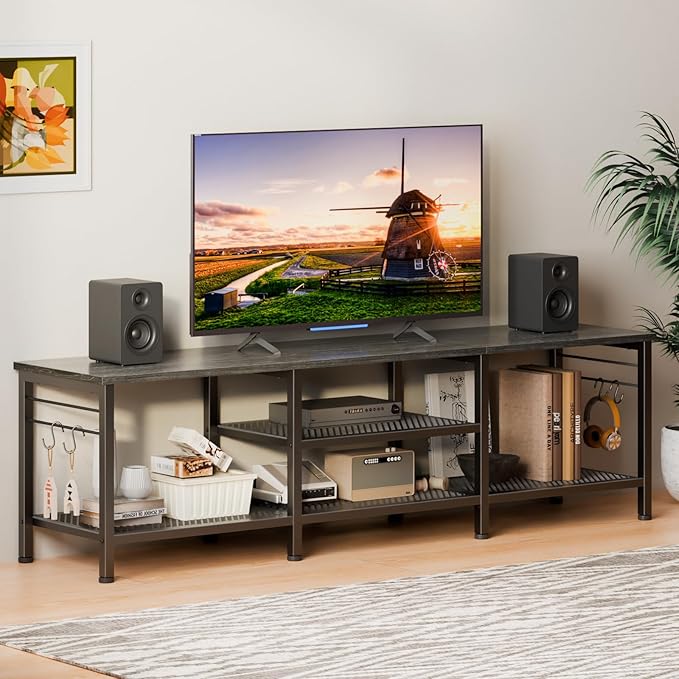Furologee TV Stand for TVs up to 70 Inch 63 Inch Entertainment Center with Open Storage Shelves Television Stands with Soundbar Shelf for Living Room Bedroom Black Oak