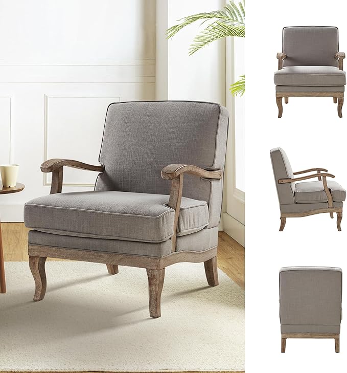 HULALA HOME Mid-Century Modern Accent Chair Upholstered Lounge Arm Chair with Solid Wood Legs and Armrest Removable Cushion Comfy Retro Reading Armchair for Living Room Bedroom Balcony Grey